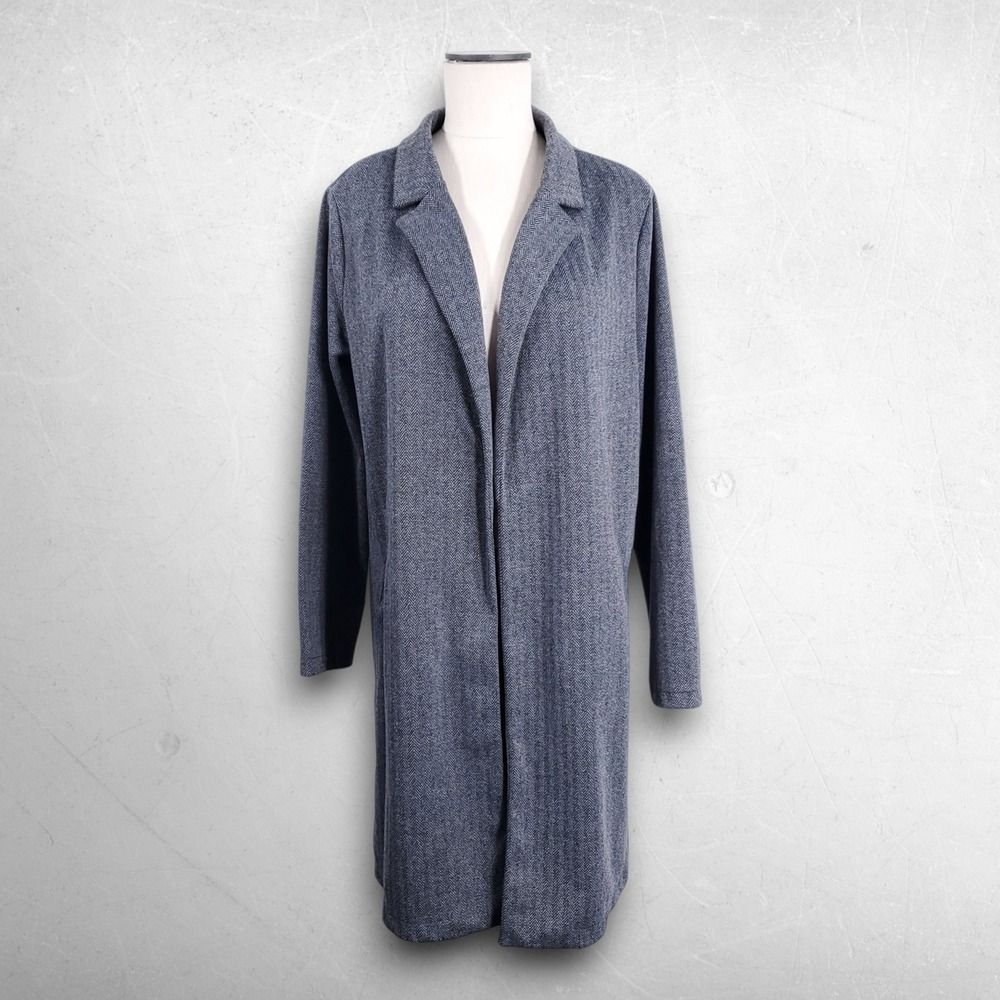 MelloDay Herringbone Open Front Longline Coat Women L Gray Dark Academia Duster